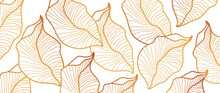 Tropical Gold Leaves Wallpaper, Luxury Nature Leaf Pattern Design, Gold Leaf Lines, Hand Drawn Outline Fabric, Print, Cover, Banner And Invitation