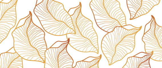 Wall Mural - Tropical gold leaves wallpaper, Luxury nature leaf pattern design, gold leaf lines, Hand drawn outline fabric, print, cover, banner and invitation