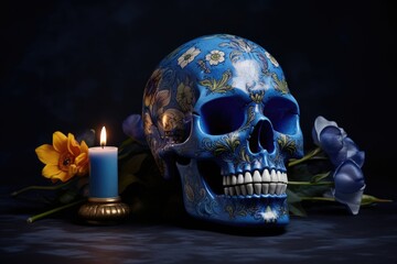 Blue skull with decorated flowers and candle