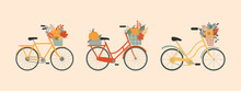 Set Of Three Cute Ladies Bicycle With Baskets Of Autumn Leaves. Autumn Harvest, Pumpkins In Wicker Baskets. Women City Retro Bike. Autumn Vintage Journey Concept. Romance. Vector Illustration