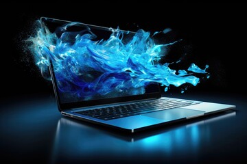 Wall Mural - Laptop and blue abstract waves from it
