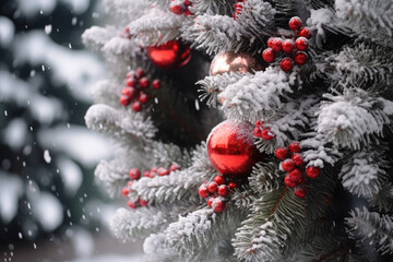Poster - Decorated Christmas tree with snowy weather