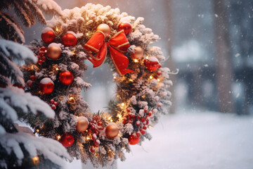 Poster - Decorated Christmas wreath outdoors on a snowy weather