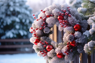 Poster - Decorated Christmas wreath outdoors on a snowy weather