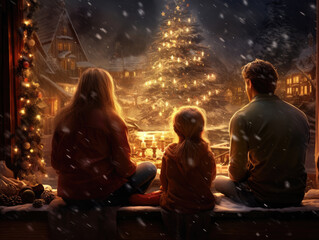 Poster - Family looking at big illuminated Christmas tree