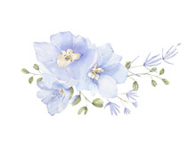 Watercolor Delphinium Floral Bouquet Png, Elegant Wedding Arrangement, Blue Blossom Flowers.