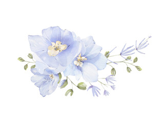 Watercolor delphinium floral bouquet png, elegant wedding arrangement, blue blossom flowers.