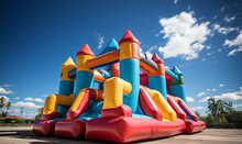 Big Bouncy Castle Slide In Garden, Colorful Inflatable Bouncy Castle On Sunny Summer Day With Blue Sky. Bouncy House For Kids To Jump On Outdoors