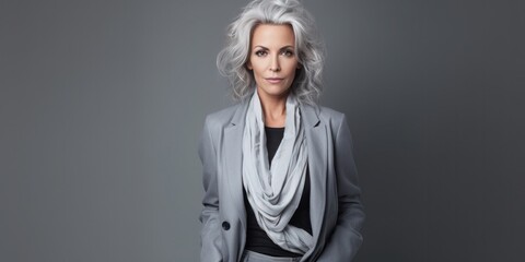 portrait of a mature businesswoman standing with hands in pockets over gray background