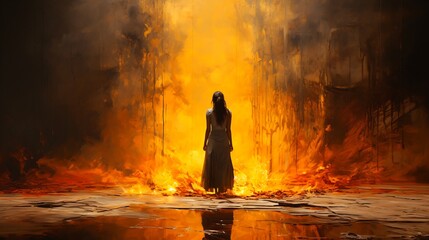 Poster - Image of woman standing in front of fire.