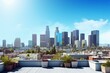 Stunning city skyline with towering skyscrapers in downtown Los Angeles, showcasing the beauty of real estate on a spacious rooftop during the day. Generative AI