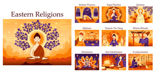 Canvas Print - Eastern religion set. Asian and middle East religious ideas and rituals.