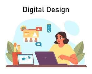 Sticker - Web or digital designer. Female character works on website or software