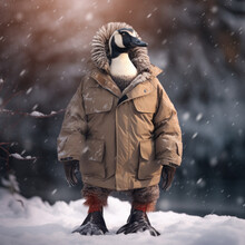 A Goose Wearing A Winter Coat And Boots Standing In The Snow.