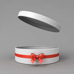 Poster - Blank open white round gift box or cylinder present box with red ribbon and bow isolated on dark grey background with shadow minimal conceptual 3D rendering