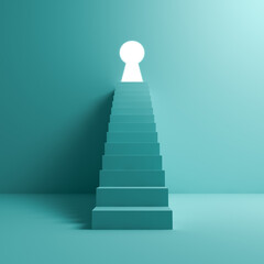 Fototapete - Key to success business concepts stairway to heaven bright keyhole on light blue green pastel color wall background with shadows 3D rendering