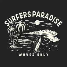 Surfers Illustration Waves Graphic Design Tropical Vintage Beach Summer T Shirt Black Background