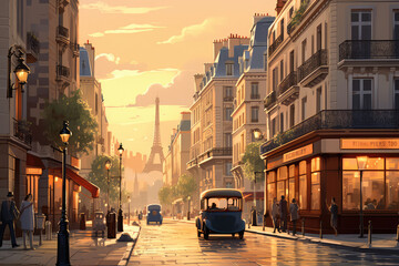 Wall Mural - Classic Generative AI Cityscape Illustration - Vintage European Street Scene