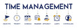 Time management banner website icon vector illustration concept with icon of objective, priority, schedule, reminder, efficiency, alerts, and controlling on white background