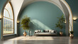 Interior of modern living room with brass coffee table and white armchair, empty wall with turquoise arch. Home design