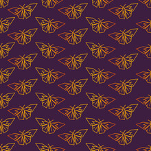 Seamless Butterfly Vector Pattern For Design And Fashion Prints. Orange And Black And Orange Pattern With Small Butterfly On A Dark Background.