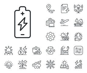 Wall Mural - Electricity energy type sign. Energy, Co2 exhaust and solar panel outline icons. Battery charging line icon. Lightning bolt symbol. Battery charging line sign. Eco electric or wind power icon. Vector
