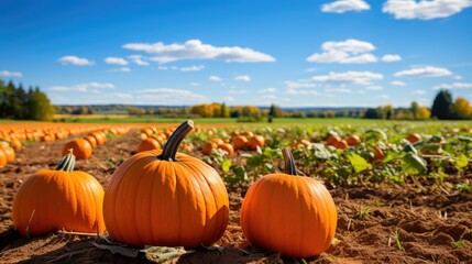 beautiful pumpkin field patch on sunny autumn day. field of pumpkins ready to harvest. concept of th