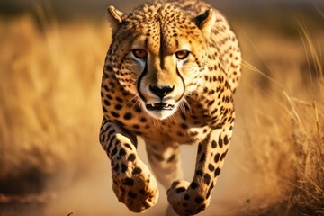 Poster - A cheetah sprinting across a vast field of dry grass. Perfect for wildlife and nature enthusiasts.
