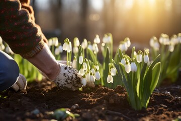 Aufkleber - A person is seen digging in a garden, surrounded by beautiful snowdrops. This image can be used to depict gardening, springtime, or the joy of planting flowers.