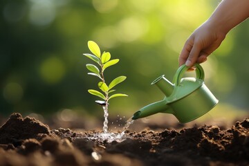 Poster - A person is seen watering a plant using a green watering can. This image can be used to depict gardening, plant care, or eco-friendly practices.