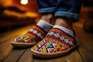 Poster - A person wearing slippers standing on a wooden floor. Suitable for home decor or interior design concepts.