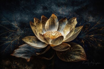 Abstract, paint, texture, shadows, texture, gold element, splash, alcohol ink, relief, flowers, and plants. Lotus gold light with pearls on a sparkly background.