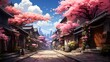 Idyllic Old Japan Street in Spring, Cherry Blossoms