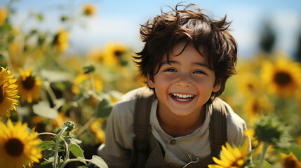 A boy laughing in a field of flowers