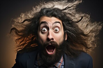 Poster - A man with long hair and a beard wearing a surprised expression on his face. This image can be used to depict shock, astonishment, or disbelief in various contexts.