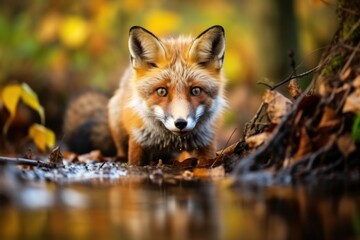 Poster - A close-up photograph of a fox near a body of water. This image captures the beauty and detail of the fox in its natural habitat. Perfect for nature enthusiasts and wildlife lovers.