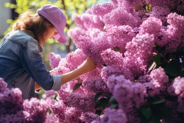 Aufkleber - A woman in a pink hat picking flowers from a bush. This image can be used to depict gardening, nature, or springtime activities.