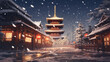 Christmas with Sensoji temple Tokyo background with the snow and blue sky in paper art and craft design concept. Created using generative AI.
