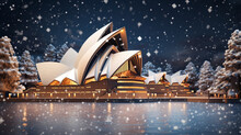 Opera House In Christmas Theme Background With Snow Falling In Paper Art And Craft Design Concept. Created Using Generative AI.