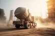 Concrete mixer truck on construction site delivering concrete for building structures in mist. Suitable for advertising and design. Transportation. Generative AI