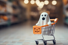Halloween Style Background. Cute Ghost In A Shopping Cart. Discounts And Sales In Honor Of October 31st. Shopping Concept. Place For Text. Copy Space. Generative Ai