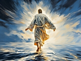 Jesus Christ walking on water during storm.