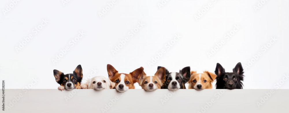 Cute different dogs peeking on isolated white backgrounds, with copy ...