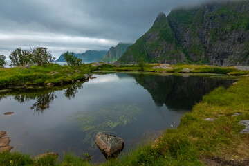 Poster - Dramatic scenery near Å (stream) i Lofoten, an imposibly idyllic fishing village near the southern tip of the Lofoten Islands Moskenes, Nordland, Norway