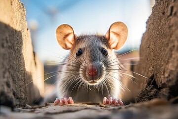 Aufkleber - A rat peeks out from a hole in a wall. This image can be used to depict curiosity, hidden danger, or the concept of surveillance.