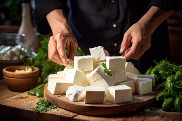 Wall Mural - A person is cutting a block of tofu on a cutting board. This image can be used to showcase food preparation and cooking techniques.