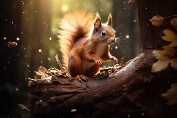 Poster - A squirrel sitting on a tree trunk in the woods. Perfect for nature-themed designs and articles.