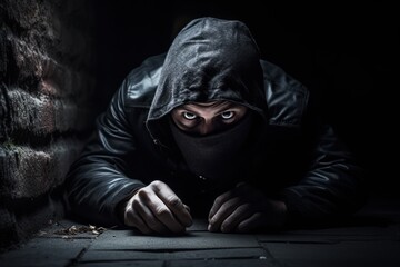 Poster - A man wearing a black hoodie holds a knife in his hand. This image can be used to illustrate crime, danger, or suspense.
