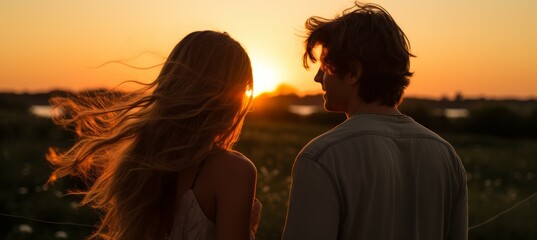 Wall Mural - Back view romantic couple at sunset scene. Generative AI technology.