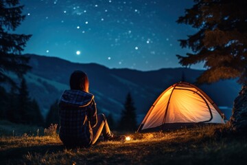 Poster - A person is seen sitting in front of a tent at night. This image can be used to depict camping, outdoor adventures, or a peaceful night in nature.